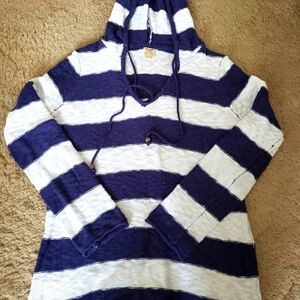 Faded Glory blue & white hooded knit, crochet sweater, nautical, lightweight.